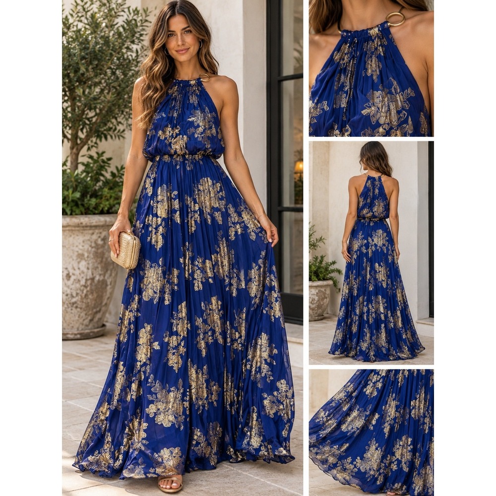 MSK Royal Blue Gold Floral Metallic Halter Maxi Dress Size 12 Formal Gown